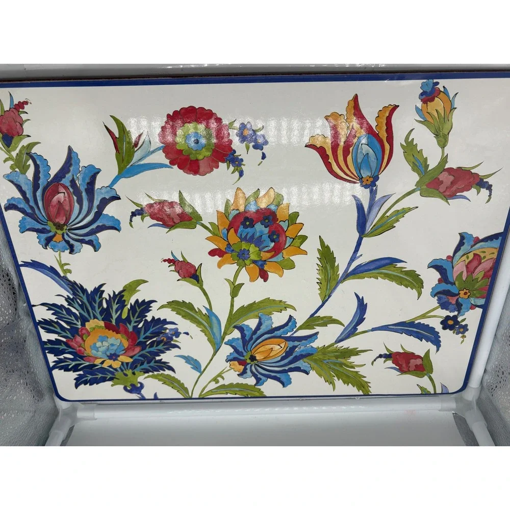 Williams Sonoma Iznik Floral Hardmat Placemats Blue Red Yellow Cork Back Set 2